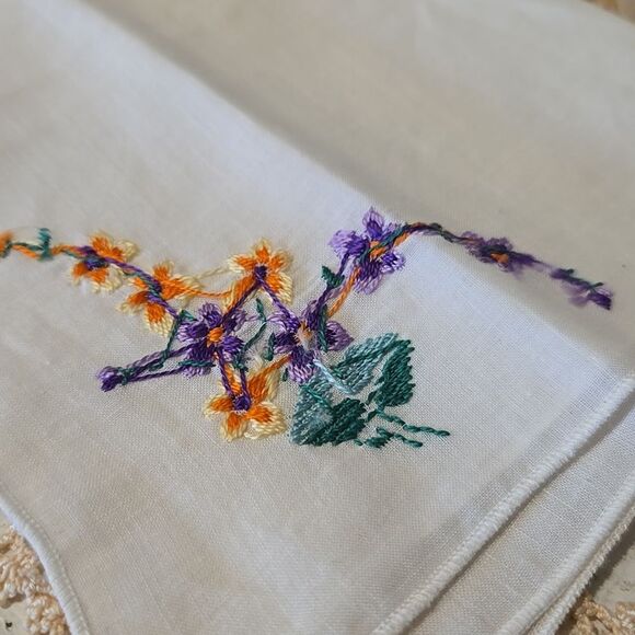 Vintage Floral Embroidered Handkerchief Set - Yellow, Purple, Green Accents - Picture 4 of 16
